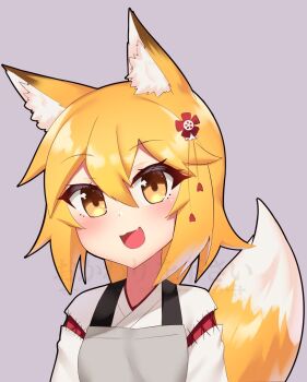 1girl :3 :d animal_ear_fluff animal_ears apron black_outline blonde_hair brown_apron commentary cowfee double-parted_bangs dress english_commentary fang flower fox_ears fox_tail hair_flower hair_ornament head_tilt highres japanese_clothes kosode long_hair looking_at_viewer open_mouth outline purple_background senko_(sewayaki_kitsune_no_senko-san) sewayaki_kitsune_no_senko-san sharp_chin simple_background skin_fang smile solo straight-on tail upper_body white_kosode yellow_dress