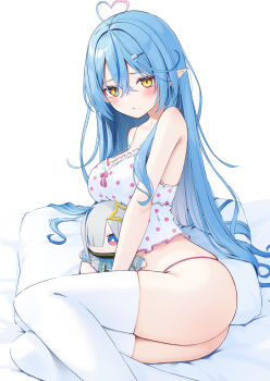 1girl ahoge amane_kanata amane_kanata_(1st_costume) bed_sheet blue_hair breasts camisole character_doll_in_itabag commentary_request crossed_bangs double-parted_bangs frilled_camisole frills hair_between_eyes heart heart_ahoge highres hololive large_breasts long_hair looking_at_viewer multicolored_hair no_pants nyan_(reinyan_007) official_alternate_costume official_alternate_hairstyle panties pink_panties pointy_ears polka_dot_camisole simple_background sitting sleepwear solo streaked_hair string_panties thighhighs underwear underwear_only very_long_hair virtual_youtuber white_background white_camisole white_thighhighs yellow_eyes yukihana_lamy yukihana_lamy_(roomwear)