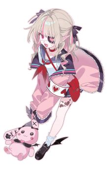 1girl :d armband bag black_shoes blue_sailor_collar brown_hair choker eyepatch fangs full_body hair_intakes hair_ribbon highres holding holding_stuffed_toy jacket loafers long_hair makaino_ririmu makaino_ririmu_(4th_costume) multicolored_hair neckerchief nijisanji off_shoulder open_mouth outline pink_eyes pink_jacket pleated_skirt pointy_ears red_choker red_neckerchief ribbon sailor_collar school_uniform serafuku shirt shoes shoulder_bag simple_background skin_fangs skirt sleeves_past_fingers sleeves_past_wrists smile socks solo stemiomio streaked_hair stuffed_animal stuffed_rabbit stuffed_toy two-tone_hair two_side_up virtual_youtuber white_background white_shirt white_socks winged_heart
