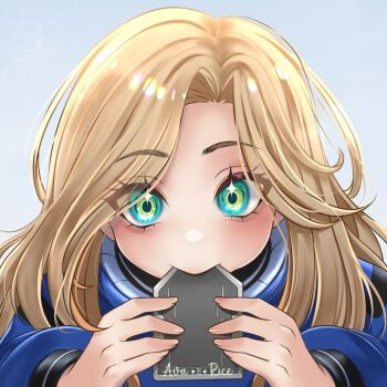 1girl android aqua_eyes ava_rice biting blonde_hair blue_coat coat commentary diana_(pragmata) english_commentary grey_background hands_up holding long_hair long_sleeves padded_coat portrait pragmata puffy_long_sleeves puffy_sleeves simple_background solo yurie_mouth