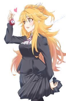 Rule 34 | 1girl, black skirt, breasts, green eyes, hair between eyes, highres, large breasts, long hair, ninon (princess connect!), ninon (real) (princess connect!), open mouth, orange hair, pantyhose, princess connect!, school uniform, seryu oekaki, skirt, smile, solo