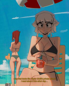 2girls aircraft airplane animal ass beach beach_chair bikini black_bikini blue_sky blunt_bangs breasts closed_mouth commentary cup day disposable_cup dog drinking_straw english_commentary english_text grawlix_(shibansfw) grey_eyes grey_hair highres holding holding_cup large_breasts looking_down multiple_girls original outdoors red_hair shibansfw short_hair sitting sky swimsuit talking
