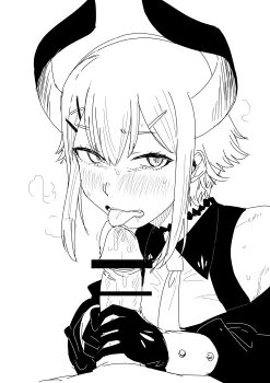 1boy 1girl absurdres bar_censor blush censored commentary_request gloves greyscale hair_ornament hairclip highres horns kaiman_garupan levi_elipha monochrome necktie nijisanji penis pov pov_crotch shirt solo_focus steam tongue tongue_out virtual_youtuber white_background