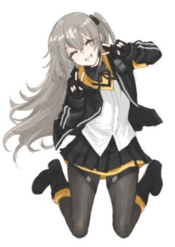 1girl armband black_boots black_gloves black_jacket black_ribbon black_skirt blush boots closed_eyes collared_shirt commentary_request contrast_collar crossed_bangs double-parted_bangs double_v dress_shirt facing_viewer fuku_(fuku12290574) full_body girls&#039;_frontline gloves grey_hair hair_between_eyes highres hood hooded_jacket jacket jumping layered_skirt long_hair long_sleeves miniskirt neck_ribbon one_side_up open_clothes open_jacket open_mouth pleated_skirt ribbon scar scar_across_eye scar_on_face shirt sidelocks simple_background sketch skirt smile solo teeth thigh_strap two-sided_fabric two-sided_jacket ump45_(girls&#039;_frontline) v very_long_hair white_background yellow_armband yellow_jacket yellow_skirt