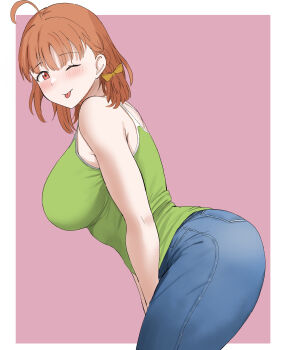 1girl absurdres ahoge alternate_breast_size_(larger) arms_between_legs blue_pants blush bow braid breasts camisole closed_mouth commentary_request cowboy_shot denim from_side green_shirt hair_bow highres huge_breasts jeans kiru_(bsesso) leaning_forward looking_at_viewer looking_to_the_side love_live! love_live!_sunshine!! medium_hair one_eye_closed orange_hair pants pink_background red_eyes shirt side_braid sleeveless sleeveless_shirt smile solo standing takami_chika tongue tongue_out yellow_bow