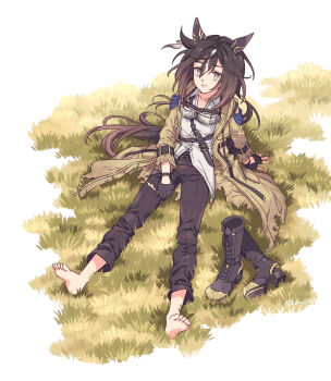 1girl animal_ears barefoot black_boots black_gloves black_hair black_pants boots brown_eyes brown_hair closed_mouth coat collarbone ear_covers gloves goggles goggles_around_neck grass hair_between_eyes highres horse_ears horse_girl horse_tail knife knife_sheath komasawa_(fmn-ppp) long_hair looking_at_viewer multicolored_hair pants sheath shirt sitting smile solo stay_gold_(sunlit_outsider)_(umamusume) stay_gold_(umamusume) tail torn_clothes torn_coat torn_pants umamusume unworn_boots white_hair white_shirt yellow_coat