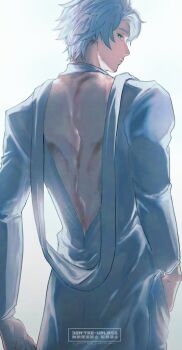 1boy alternate_costume backless_outfit blue_eyes dress from_behind hand_in_pocket hashtag-only_commentary honkai:_star_rail honkai_(series) long_sleeves looking_back male_focus parted_hair phainon_(honkai:_star_rail) simple_background solo standing watermark white_background white_dress white_hair yano_kaku02