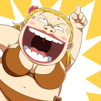 Rule 34 | 1girl, anger vein, blonde hair, blush stickers, bra, breasts, brown bra, fat, fat woman, fingernails, flower, hair flower, hair ornament, index finger raised, jane (jungle no ouja tar-chan), jungle no ouja tar-chan, large breasts, mamiya myanmar, navel, nostrils, open mouth, pointing, pointing up, short hair, solo, teeth, ugly woman, underwear, uvula