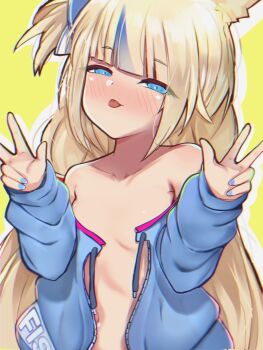 1girl absurdres animal_ears blonde_hair blue_eyes blue_jacket blue_nails blue_streaks blush cat_ears highres indie_virtual_youtuber jacket loli long_hair looking_at_viewer multicolored_hair nail_polish no_bra open_clothes open_jacket outline sameko_saba semnomeart solo streaked_hair tongue tongue_out very_long_hair virtual_youtuber white_outline yellow_background