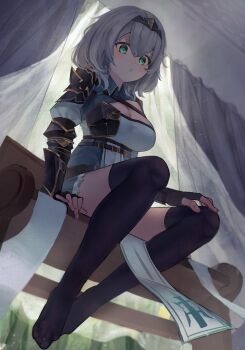 1girl absurdres armor belt black_hairband black_thighhighs breasts cleavage collared_dress curtains double-parted_bangs dress from_below full_body gauntlets green_eyes grey_dress grey_hair hair_between_eyes hairband hand_on_own_knee highres hololive indoors long_sleeves looking_down marumattyo medium_breasts medium_hair no_shoes on_bench pelvic_curtain puckered_lips shirogane_noel short_dress shoulder_armor sitting solo thighhighs virtual_youtuber