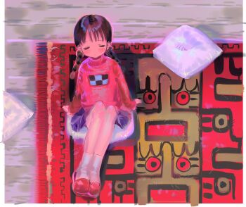 1girl blush braid brown_hair closed_eyes closed_mouth cushion highres long_hair long_sleeves madotsuki on_cushion on_floor pink_sweater purple_skirt red_slippers rug sitting skirt slippers socks solo sweater turtleneck turtleneck_sweater twin_braids white_socks xgshjsgha yume_nikki