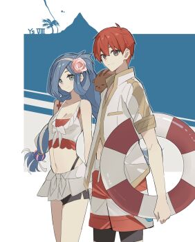 Rule 34 | 1boy, 1girl, adol christin, blue eyes, blue hair, border, breasts, cleavage, closed mouth, commentary request, copyright name, dana iclucia, flower, george man, grey eyes, hair flower, hair ornament, hair rings, highres, innertube, long hair, looking at viewer, navel, outside border, pikkard (ys), pink flower, red hair, short hair, shorts, standing, striped clothes, striped shorts, swim ring, swimsuit, white border, ys, ys viii: lacrimosa of dana