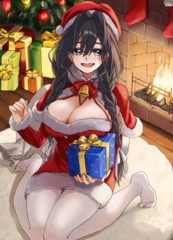 1girl absurdres alternate_costume black_hair blue_eyes braid breasts christmas_present christmas_tree cleavage commentary dress english_commentary fang fur-trimmed_dress fur-trimmed_headwear fur_trim gift hat highres hololive hololive_english looking_at_viewer mizuhasi ouro_kronii pantyhose red_dress red_hat santa_costume santa_dress skin_fang solo twin_braids virtual_youtuber white_pantyhose