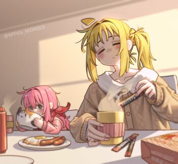 2girls aged_down ahoge blonde_hair blue_eyes bocchi_the_rock! bow breakfast brown_coat child closed_eyes coat cup detached_ahoge drink duplicate egg_(food) food fur-trimmed_coat fur_trim gotoh_hitori holding holding_cup ijichi_nijika long_hair long_sleeves multiple_girls myvia_mokols nescafe pink_hair pink_track_suit pixel-perfect_duplicate polka_dot polka_dot_bow red_bow sausage side_ponytail sleeves_past_wrists slice_of_life track_suit twitter_username