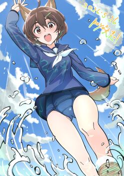 1girl animal_ears blue_jacket blue_one-piece_swimsuit blush brave_witches brown_eyes brown_hair cloud cloudy_sky commentary_request feet_out_of_frame highres jacket karibuchi_hikari looking_at_viewer one-piece_swimsuit open_mouth outdoors poyopoyotaishi sailor_collar school_uniform shoes short_hair sky solo squirrel_ears squirrel_girl squirrel_tail standing swimsuit swimsuit_under_clothes tail walking water white_sailor_collar white_shoes world_witches_series