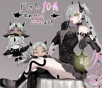 Rule 34 | 4girls, absurdres, bare shoulders, black dress, black hands, black thighhighs, blue notuki, body markings, breasts, colored extremities, crossed bangs, crossed legs, demon girl, demon horns, detached sleeves, drei (fate), dress, earrings, eins (fate), fate/grand order, fate (series), green eyes, grey hair, hair between eyes, highres, horns, jewelry, lamp, lilin (fate), lilith (celebratory attire) (fate), lilith (fate), long hair, looking at viewer, medium breasts, multiple girls, pointy ears, see-through cleavage, see-through clothes, short dress, single thighhigh, sitting, smile, thighhighs, thighs, very long hair, zwei (fate)