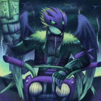1boy arm_cannon bandana_around_arm beelzebumon beelzebumon_blast_mode black_bodysuit black_feathers black_wings blonde_hair bodysuit claws cloud cloudy_sky demon demon_boy digimon digimon_(creature) digimon_tamers eye_mask fangs feathered_wings feathers fortunemagex fur-trimmed_jacket fur_trim highres jacket male_focus mask motor_vehicle motorcycle multiple_wings purple_mask sky smile third_eye thunder weapon wings
