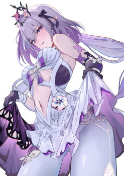 1girl absurdres black_tiara bug butterfly butterfly_ornament castorice_(honkai:_star_rail) gloves hashtag-only_commentary highres honkai:_star_rail honkai_(series) insect navel pointy_ears purple_butterfly purple_gloves purple_hair simple_background solo tiara white_background zawzawa