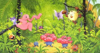 :3 :d :o anger_vein blue_sky caterpie closed_mouth day fangs fukuyama_keiko gen_1_pokemon jungle leaf lickitung long_tongue nature nintendo no_humans oddish official_art open_mouth outdoors paras pokemon pokemon_(creature) pokemon_focus pokemon_tcg primeape rattata red_eyes sky smile spores third-party_source tongue tree v-shaped_eyes venomoth venonat vileplume weepinbell