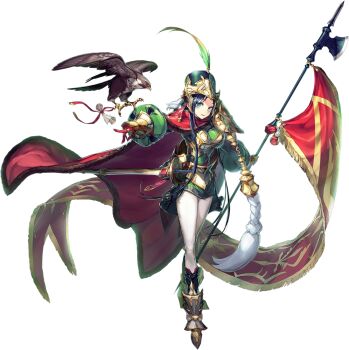 1girl artist_request banner bird blue_hair breasts cape carol_(unitia) falcon full_body game_cg green_eyes halberd highres long_hair official_art open_mouth pants polearm solo source_request sword transparent_background unitia weapon white_pants