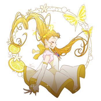 1girl blonde_hair bug butterfly butterfly_earrings choker closed_eyes commentary cure_lemonade dress earrings floating_hair food fruit highres insect jewelry kasugano_urara_(precure) lemon lemon_slice magical_girl precure profile ribbon_choker solo sparkle upper_body wakuno_lemon yellow_theme yes!_precure_5 yes!_precure_5_gogo!