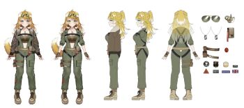 1girl animal_ears artist_request aviator_sunglasses belt_pouch blonde_hair bonnie_barkswell boots breasts chest_belt cleavage closed_mouth clothing_cutout collarbone colored_tips dog_ears dog_girl dog_tags dog_tail eyewear_on_head flight_suit glasses globie green_eyes highres lace-up_boots large_breasts long_hair multicolored_hair multiple_views navel paw_print pouch reference_sheet smile sunglasses tail tail_through_clothes thigh_pouch union_jack unzipped virtual_youtuber