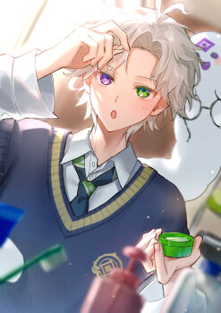 1boy :o absurdres adjusting_hair adversarial_noise black_necktie black_vest blurry blurry_foreground collared_shirt commentary_request diagonal-striped_clothes diagonal-striped_necktie green_eyes green_necktie highres holding holding_removed_eyewear looking_at_viewer male_focus matochi_(fa) messy_hair murakumo_kagetsu murakumo_kagetsu_(3rd_costume) necktie nijisanji parted_bangs purple_eyes shirt short_hair solo squeeze_bottle striped_clothes toothbrush unworn_eyewear upper_body vest virtual_youtuber watakumo_(murakumo_kagetsu) white_hair