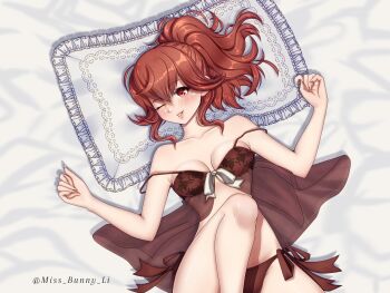 1girl anna_(fire_emblem) bare_arms bare_shoulders bed_sheet blush bra breasts collarbone commission fire_emblem fire_emblem_fates head_on_pillow highres legs lingerie lying medium_breasts miss_bunny_li naughty_face nintendo on_back one_eye_closed panties pillow pov red_bra red_eyes red_hair red_panties solo stomach thighs underwear