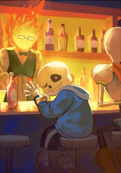 3boys bar_(place) black-framed_eyewear black_bow black_bowtie black_shorts black_vest blue_jacket bottle bow bowtie elbow_on_table fire glasses grillby highres holding hood hoodie jacket looking_at_viewer male_focus multiple_boys one_eye_closed papyrus_(undertale) sans_(undertale) shirt shorts sitting skeleton slippers smile teeth undertale utdr_(toby_fox) valve_core vest white_shirt