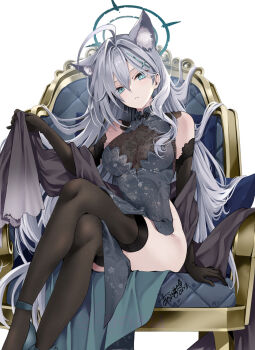 1girl akatsuki_hijiri animal_ear_fluff animal_ears bare_shoulders black_gloves black_thighhighs blue_archive blue_eyes blush breasts chair commentary_request cross_hair_ornament dress elbow_gloves extra_ears gloves grey_dress grey_hair hair_ornament halo highres large_breasts long_hair looking_at_viewer see-through_cleavage see-through_clothes shiroko_(blue_archive) shiroko_terror_(blue_archive) sidelocks sitting solo thighhighs variant_set wolf_ears