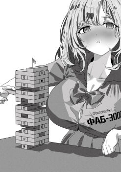 1girl aerial_bomb artist_name blouse blush bow bowtie breasts buhanochka_z bursting_breasts button_gap cleavage clothes_writing flag highres jenga large_breasts medium_hair monochrome open_mouth original personification pleated_skirt raised_eyebrows ruins russian_air_force russo-ukrainian_war shirt skirt table telegram_id ukraine ukrainian_flag