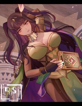 1girl absurdres arm_behind_head artist_name book breasts cleavage fingerless_gloves fire_emblem gloves highres large_breasts long_hair lying nintendo parted_lips pink_lips red_eyes seductive_gaze solo teeth tharja_(fire_emblem) tharja_(gloomy_mage)_(fire_emblem) twintails