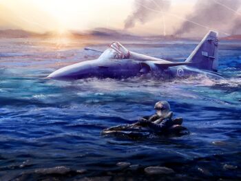 absurdres afloat aircraft airplane highres jet military_vehicle ocean original pilot pilot_suit sunset water yihan_world