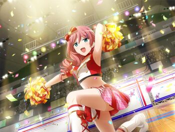 Rule 34 | 1girl, aqua eyes, armpits, cheerleader, confetti, cropped shirt, crowd, drill hair, game cg, hair ornament, hair over shoulder, hairclip, holding, holding pom poms, kneeling, looking at viewer, official art, outstretched arm, pink hair, pink skirt, plaid clothes, plaid skirt, pom pom (cheerleading), pom poms, shoes, shoujo kageki revue starlight, shoujo kageki revue starlight -re live-, skirt, socks, solo, stomach, tsuruhime yachiyo, white shoes, white socks