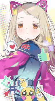 1girl :o animal_ear_hairband animal_ears bag belt black_belt blonde_hair blush cat_ears colored_eyelashes cowboy_shot emoji fake_animal_ears from_side gakuen_idolmaster glitch gradient_clothes gradient_jacket hairband heart highres idolmaster jacket long_hair long_sleeves looking_at_viewer looking_to_the_side measho meme miracle_na_now!_(idolmaster) multicolored_jacket orange_eyes parted_bangs parted_lips pink_jacket pleading_face_emoji sad_banana_cat_(meme) shinosawa_hiro shoulder_bag solo speech_bubble spoken_heart sweat thick_eyelashes thumbs_up_emoji yellow_bag