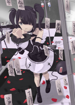 1girl ame-chan_(needy_girl_overdose) arm_belt ball_and_chain_restraint black_dress black_eyes black_hair bound bound_wrists btuddojukd3930d commentary_request detached_sleeves diagonal_bangs dress hair_ornament hair_over_one_eye highres intravenous_drip needy_girl_overdose open_mouth own_hands_together sidelocks solo string translation_request twintails x_hair_ornament