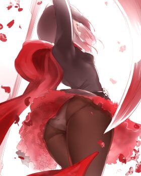 13o 1girl arm_up ass black_dress black_hair breasts brown_pantyhose cape cowboy_shot dress female_focus from_behind from_below highres long_sleeves panties panties_under_pantyhose pantyhose petals profile red_cape ruby_rose rwby scythe short_dress short_hair signature simple_background small_breasts solo standing thighs underwear upskirt white_background white_panties