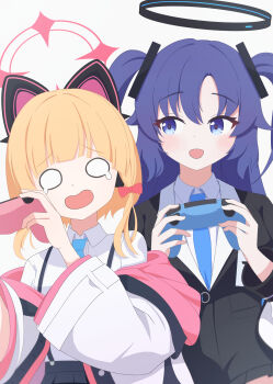 2girls absurdres animal_ear_headphones animal_ears arched_bangs black_hairband black_halo black_jacket black_skirt blonde_hair blue_archive blue_necktie blush breasts buttons cat_ear_headphones cat_ears collared_shirt commentary_request controller dress_shirt fake_animal_ears fortysansan game_controller hairband halo headphones highres holding holding_controller holding_game_controller hood hood_down hooded_jacket jacket long_hair long_sleeves looking_to_the_side mechanical_halo momoi_(blue_archive) multicolored_jacket multiple_girls necktie o_o off_shoulder open_clothes open_jacket open_mouth parted_bangs pink_halo pink_jacket playing_games purple_eyes purple_hair raised_inner_eyebrows red_pupils school_uniform shirt short_hair simple_background skirt smile suspender_skirt suspenders teardrop two_side_up unbuttoned unbuttoned_jacket upper_body white_background white_jacket white_shirt wide_sleeves yuuka_(blue_archive)