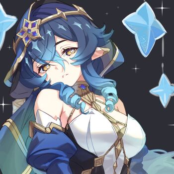 1girl bare_shoulders black_background blue_hair blue_hood blush breasts collarbone commentary_request detached_sleeves drill_hair drill_sidelocks elf genshin_impact gold_choker h2so4 hair_between_eyes hair_ornament jewelry layla_(genshin_impact) long_hair long_sleeves medium_breasts neck_ring open_mouth orange_eyes pantyhose parted_lips pointy_ears sidelocks sleeveless solo upper_body very_long_hair