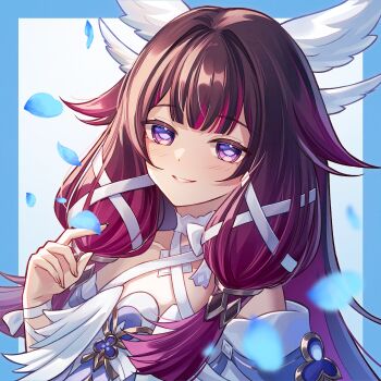 1girl absurdres arm_ribbon bare_shoulders black_hair blue_border blue_petals blush border bow choker columbina_(genshin_impact) dress genshin_impact hair_ornament hair_ribbon highres long_hair multicolored_eyes multicolored_hair petals pink_hair ribbon smile solo two-tone_hair white_bow white_choker white_dress white_ribbon wing_hair_ornament yuno_kaihara