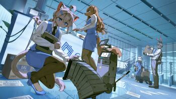 Rule 34 | 1boy, 3girls, ahoge, animal ears, animal nose, blue eyes, blue shoes, blue skirt, box, brown hair, cardboard box, carrying, cat ears, cat girl, cat tail, ceiling, collared shirt, commentary, company logo, computer, denchou, dog ears, dog girl, dog tail, english commentary, floor, floppy ears, furry, furry female, furry male, glasses, grey hair, hair ornament, hairclip, highres, long hair, multiple girls, necktie, non-humanoid robot, office, original, pants, pantyhose, papers, pencil skirt, pinstripe pattern, pinstripe shirt, rabbit boy, rabbit ears, rabbit tail, reflective floor, robot, shirt, shoes, skirt, smile, suspenders, tail