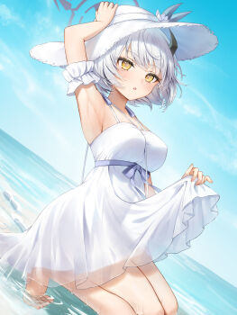 1girl absurdres arm_up armpits between_breasts black_horns blue_archive blue_sky blush breasts clothes_lift commentary_request day demon_girl demon_horns dress dress_lift halo hat highres horns kneeling large_breasts lifting_own_clothes looking_ahead ocean official_alternate_costume open_mouth outdoors runlan_0329 sena_(blue_archive) sena_(casual)_(blue_archive) short_hair sky solo strap_between_breasts sun_hat sundress thighs wet white_dress white_hair white_hat yellow_eyes