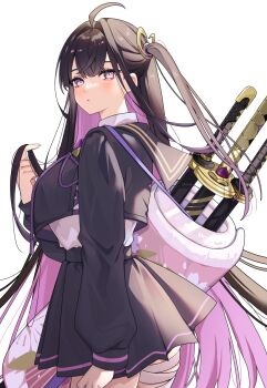 1girl absurdres ahoge black_hair black_shirt black_skirt blush breasts chitose_(stella_sora) commentary_request highres large_breasts layered_clothes long_hair looking_at_viewer norisukexxy pleated_skirt purple_eyes purple_hair shirt side_ponytail skirt solo stella_sora sword very_long_hair weapon white_shirt