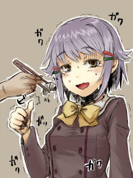 10s 1girl bow bowtie brown_eyes bug bullying chopsticks feeding female_focus hair_ornament idolmaster idolmaster_cinderella_girls image_sample koshimizu_sachiko ofuro_mantarou open_mouth pixiv_sample purple_hair short_hair simple_background solo sweat tears trembling wavy_mouth