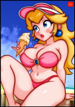1girl absurdres arm_support artist_name bandeau_bikini barefoot beach bikini blonde_hair blue_eyes breasts buruma cleavage feet food highres ice_cream large_breasts legs long_hair mario_(series) navel nintendo ocean pink_bikini pink_lips princess princess_peach sitting solo swimsuit thick_thighs thighs thong_bikini water yularcher