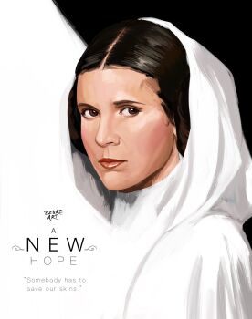 1girl brown_eyes brown_hair commentary dress english_commentary english_text highres hooded_dress looking_at_viewer portrait princess_leia solo star_wars star_wars:_a_new_hope uzuri_art white_dress white_hood