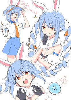 1girl :3 :d absurdres animal_ear_fluff animal_ears arm_up black_gloves black_leotard blue_hair blue_skirt blush braid breasts cleavage closed_mouth collared_shirt commentary_request cup detached_sleeves disposable_cup don-chan_(usada_pekora) dress drinking_straw english_text fur-trimmed_jacket fur_trim gloves hand_on_headwear highres holding holding_cup hololive jacket kiritoma leotard medium_breasts multicolored_hair multiple_views necktie open_mouth orange_necktie puffy_short_sleeves puffy_sleeves rabbit-shaped_pupils rabbit_ears rabbit_girl rabbit_tail red_eyes shirt short_sleeves simple_background skirt small_sweatdrop smile sparkle strapless strapless_dress strapless_leotard sweat symbol-shaped_pupils tail translation_request twin_braids twintails two-tone_hair usada_pekora usada_pekora_(1st_costume) virtual_youtuber visor_cap white_background white_dress white_hair white_shirt white_sleeves