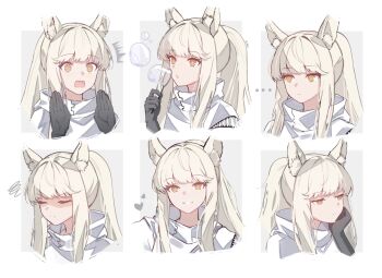 ... 1girl animal_ear_fluff animal_ears arknights black_gloves blowing_bubbles gloves grey_hair heart highres horse_ears horse_girl jacket long_hair multiple_expressions multiple_views platinum_(arknights) ponytail sparks_summer surprised white_jacket wide-eyed yellow_eyes