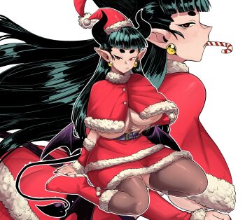 1girl areola_slip belt blush boots breasts brown_thighhighs candy candy_cane capelet charlotte_(insouwu) closed_mouth commentary demon_girl demon_horns demon_tail demon_wings detached_sleeves dress earrings english_commentary food food_in_mouth from_side full_body fur-trimmed_boots fur-trimmed_capelet fur-trimmed_skirt fur_trim green_hair hand_on_own_stomach hat heart heart-shaped_pupils heart_tail highres horns insouwu jewelry large_breasts long_hair looking_at_viewer low_wings multiple_views original pointy_ears red_boots red_capelet red_eyes red_skirt santa_costume santa_dress santa_hat short_eyebrows simple_background sitting skirt sphere_earrings symbol-shaped_pupils tail thick_eyebrows thighhighs wariza white_background wings