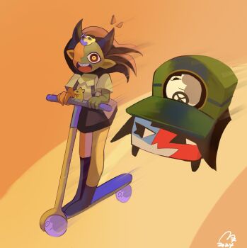 2girls black_hair car collared_shirt colored_skin commentary demon_ena demon_girl demon_horns dog driving ena:_dream_bbq ena_(dream_bbq) ena_(ena) ena_(series) ena_(species) ena_(web_series) english_commentary green_hat green_skin happy_ena hat highres horns hourglass_dog in-franchise_crossover kick_scooter motor_vehicle multiple_girls open_mouth orange_skin pointy_ears salesperson_ena shirt skirt split-color_skin suspender_skirt suspenders teeth usagimarumei